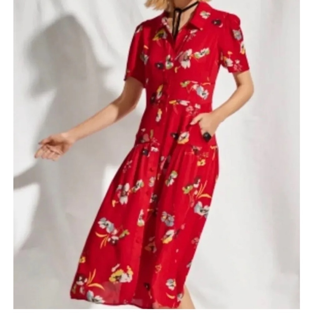 Cabi New Small Afternoon Dress 6218 Floral Print Button Down Red